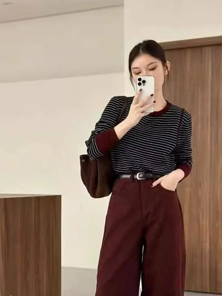 تي شيرت Ele Commute كاجوال طويل Sve مخطط برأس علوي irt كوري Sle فضفاض مناسب للخريف من الصوف الأصلي #5