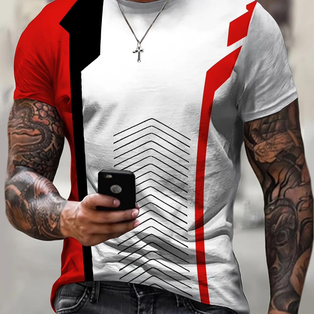 Casual T-shirt For Men Color Blocked 3D Printed Crew Neck Short Sleeve Tee Oversized Men Clothing Tops Outdoor Streetwear Summer