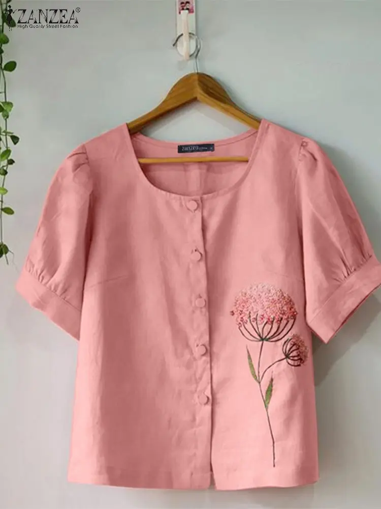 ZANZEA-Chemisier Vintage à Manches Courtes pour Femme, Broderie Florale, Élégant, ix, Travail, Vacances, lèvent, Été