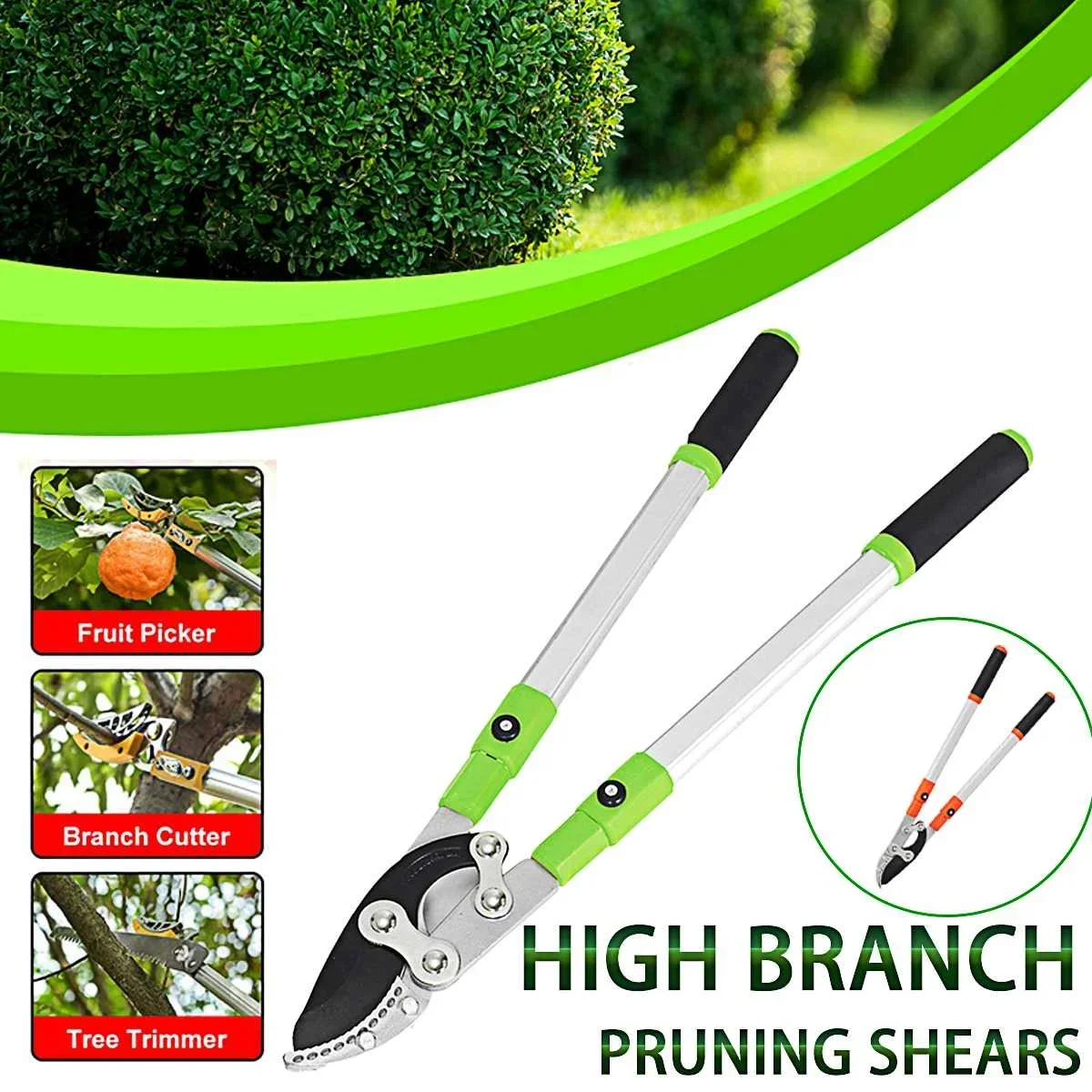 

Green/Orange Telescopic Pruning Shears High Branch Pruning Tool Long Reach Aluminium Handle Picker Pruner Garden Tools