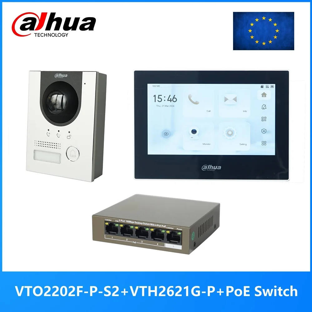 Dahua Multi-Language IP Video Intercom KIT,VTO2202F-P-S2 & VTH2621G-P & PoE switch