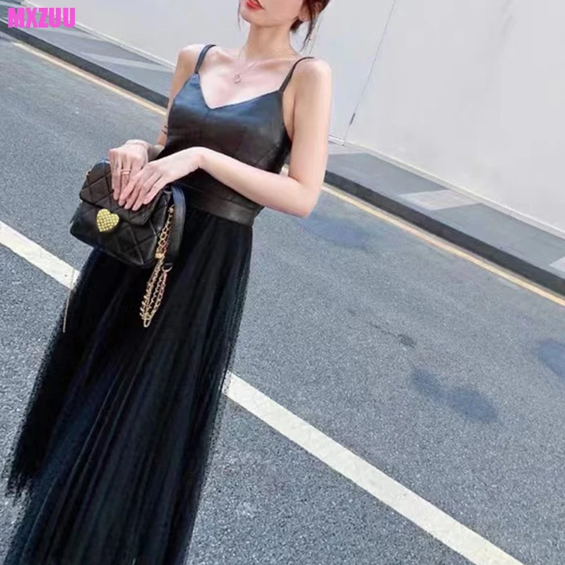 

Women's Summer Dress Real Leather Black Suspender Long Skirt Stitching Mesh Big Swing V-Neck Sheepskin A-Line Vestido Feminino