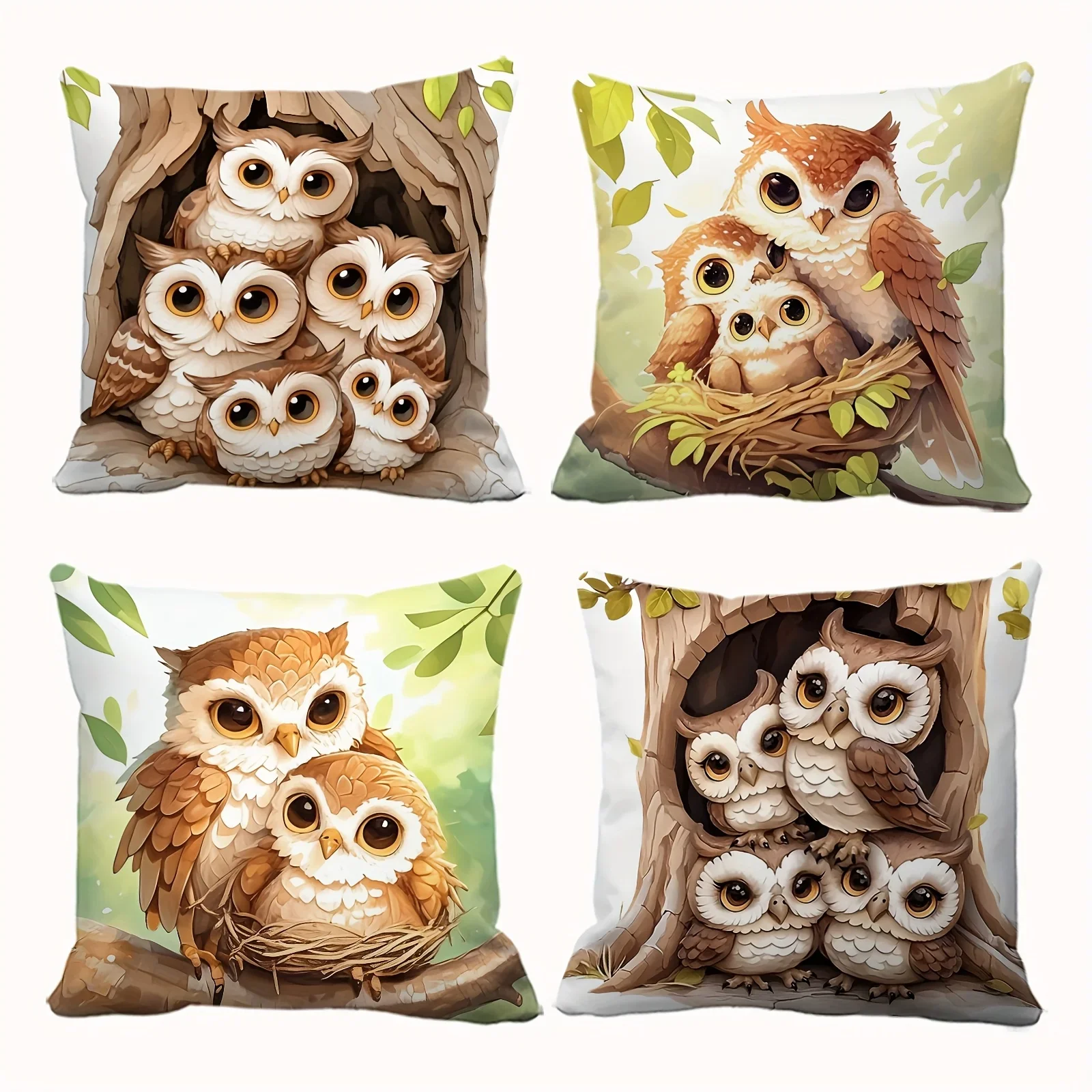 Cute Baby Owls Nesting Scene Throw Pillow Covers Set of 4 - Woodland Animal Nursery Decor for Kids Room