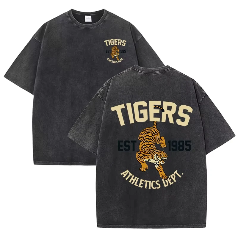 Stronger Tiger Sport Print Wash T Shirt Woman Summer Comfortable Washed Tee Casual Shortwear Soft Cotton Unisex Clothes