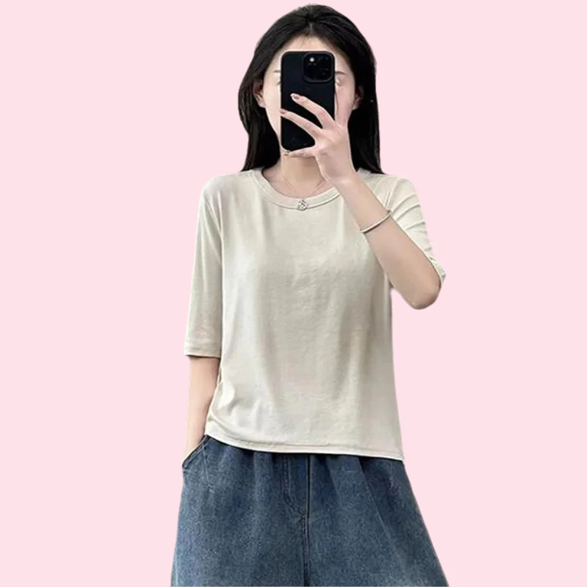 

2024 Spring/Summer New Round Neck High Elasticity Shirt Girl's Fashionable Temperament Leisure Time