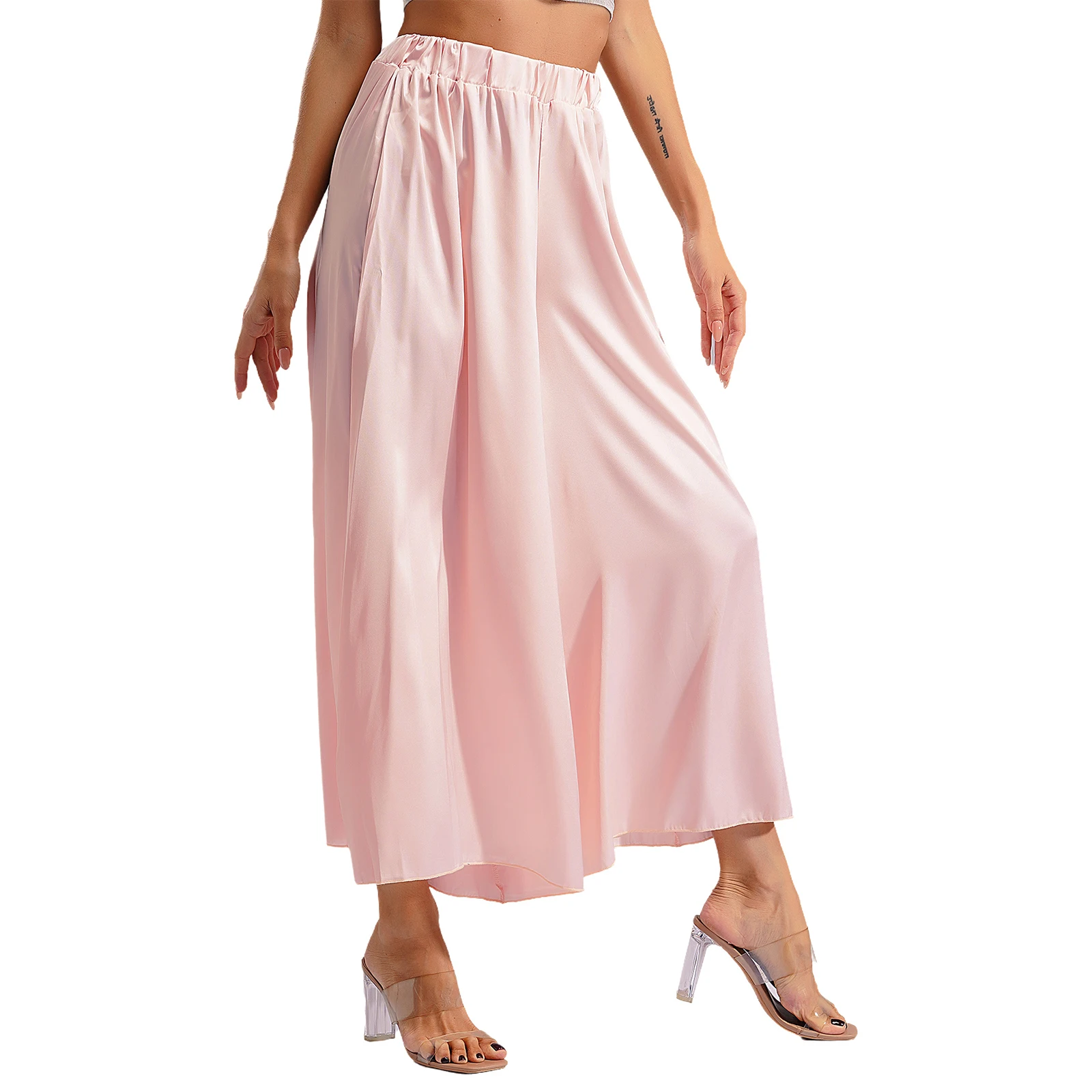 Womens Modern Dance Pants Smooth Satin High Waist Wide-Leg Trousers for Ballroom Classical Dancing Practice Stage Performance