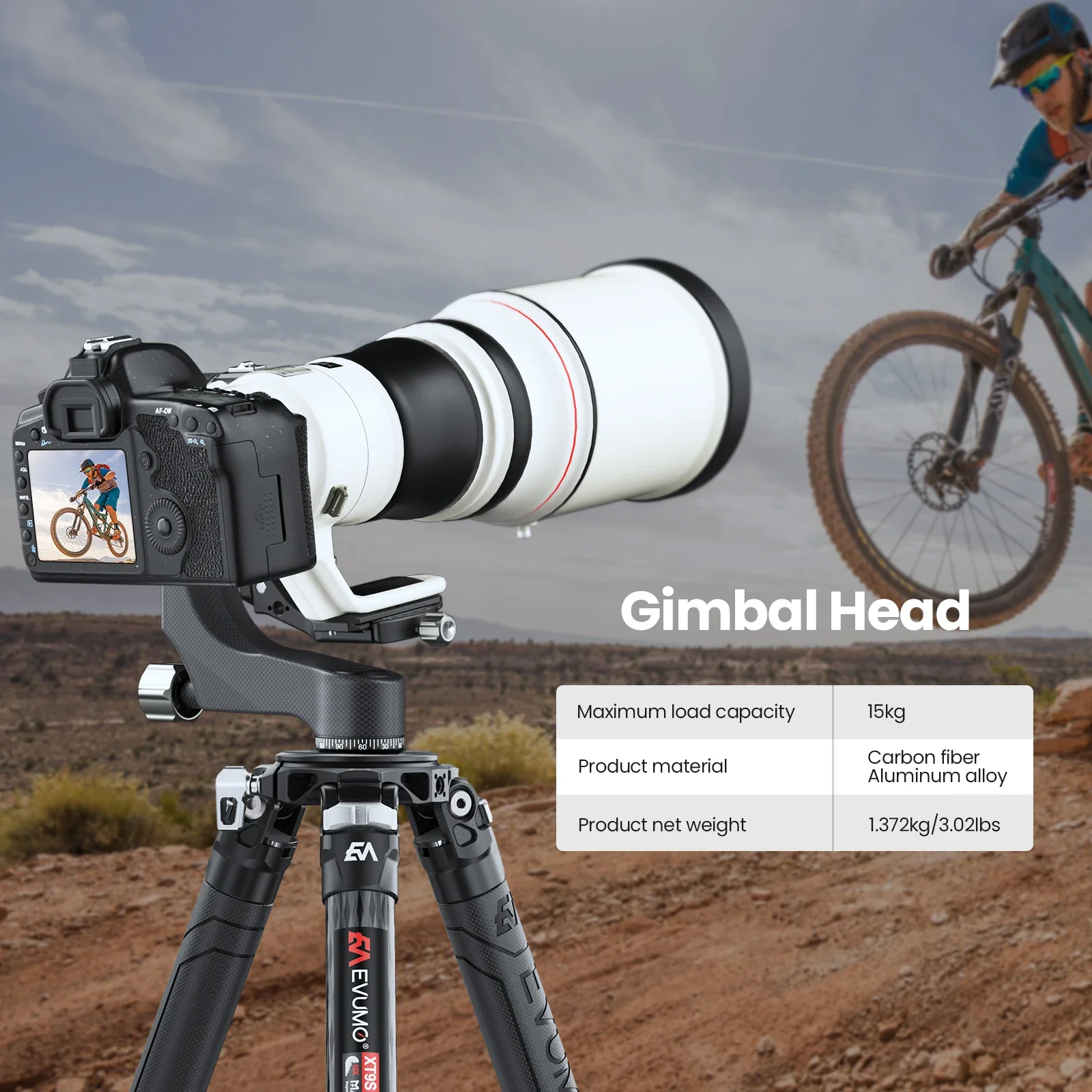 EVUMO P8 Professional Gimbal Head Video Tripod Monopod Head Max Load 15kg 720° Panoramic Rotation for Heavy Long Lens QR Plate