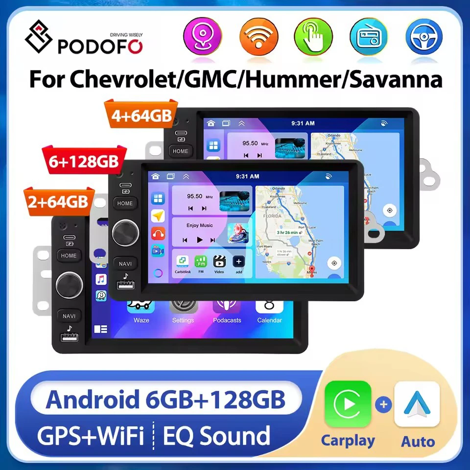 Podofo 7 "android rádio do carro reprodutor multimídia navegação gps dois portas usb receptor fm para chevrolet gmc hummer savanna