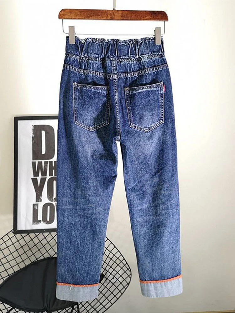 Calças jeans rasgadas de cintura alta feminina, jeans até o tornozelo, streetwear extragrande, moda larga, harém, novo, 26-40