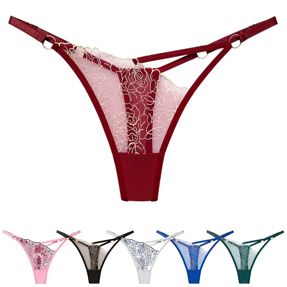 

Exquisite Sexy Lace Thong Adjustable Transparent Women Panties Peony Embroidery Ladies Briefs