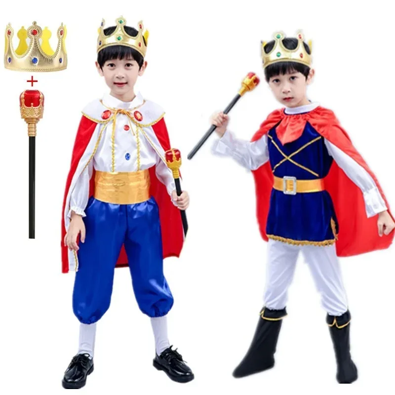 

l2025l New Cosplay King Prince Cosplay Costumes For Boys Kids Halloween Cosplay Dress Up Cloak Crown Scepter Set Carnival Rolepl