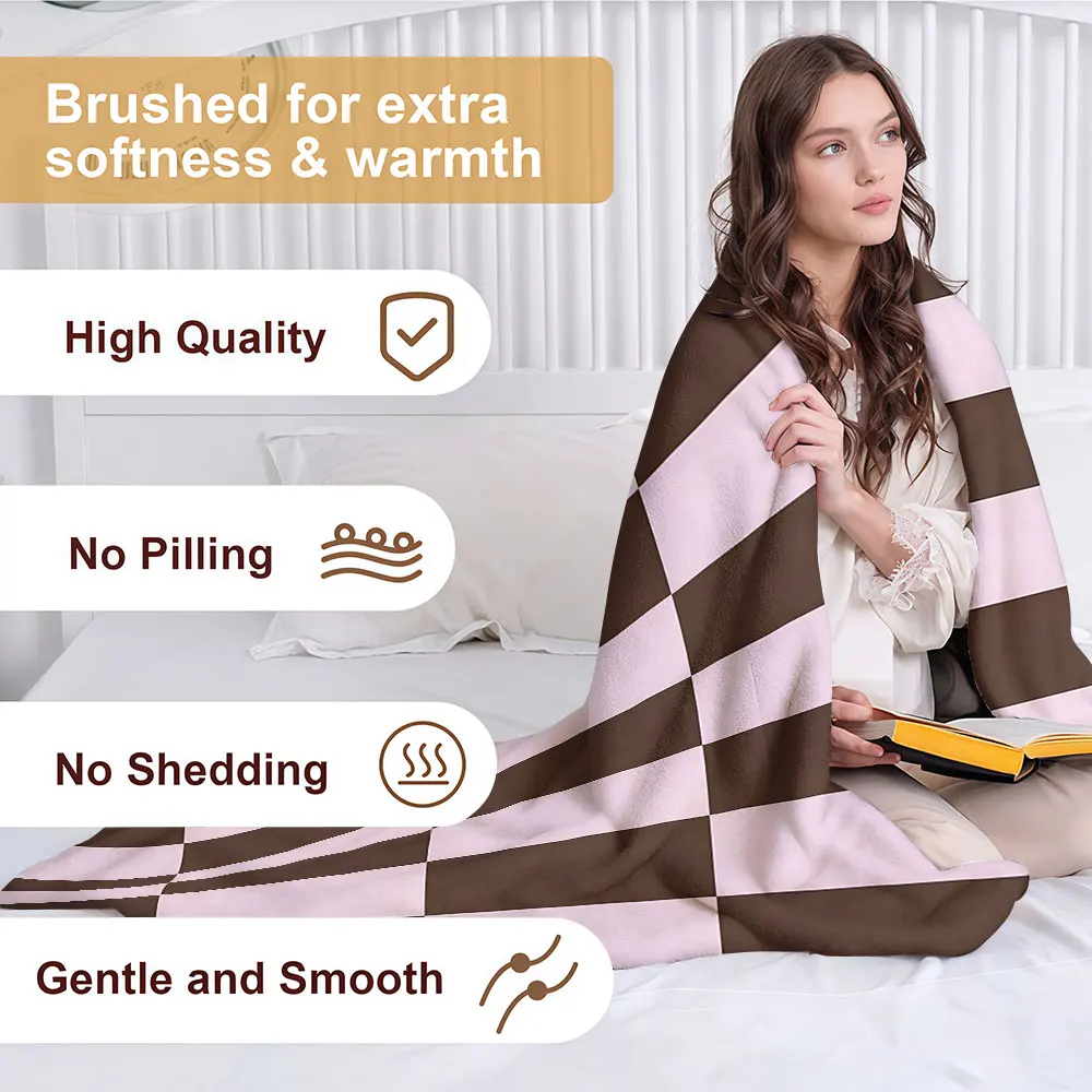 Cocoa Pink Check Soft Warm Flannel Blanket Lightweight Cozy Christmas Halloween Home Decor Room