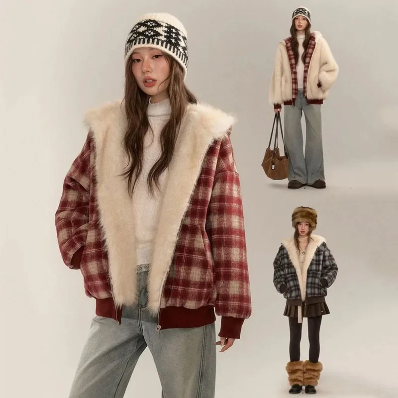 2026 Two-Sided New Wear Plush Jacket Female Vintage Plaid Hooded Fleece Warm Cotton Outerwear Coat Casual Loose Winter Jackets
