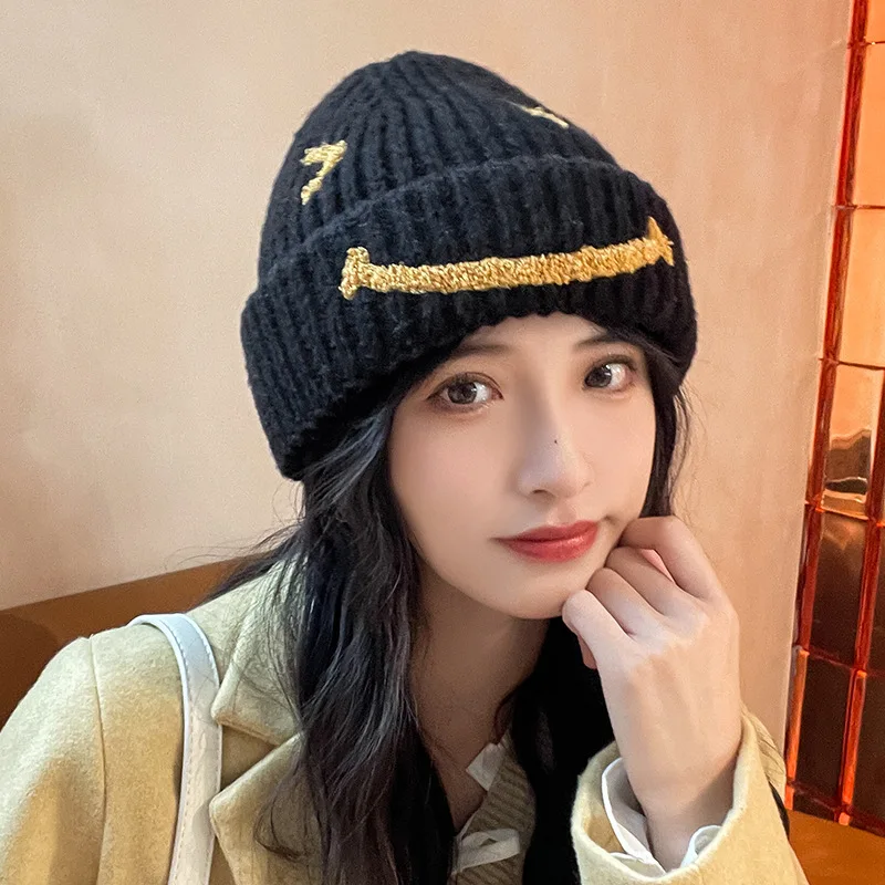 

Hot Selling Winter Hat For Women Smiley Face Warm Knitted Beanie Hats Women Solid Adult Cover Head Cap Skullies Beanie