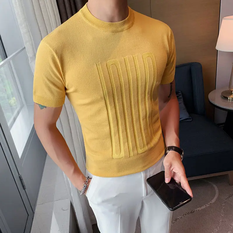 Knit T-shirt Spring Autumn Short-sleeved Sweater Men Tops Slim Trend Stretch Half Sleeve Casual Bottom Gangster Solid Tshirts