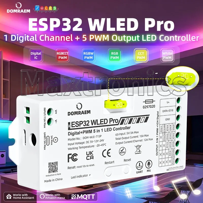 DOMRAEM ESP32 WLED Pro PWM 5-in-1 LED Controller With Mic UART/815DM Ethernet for WS2812B DIM CCT RGB RGBWCCT LED Strip Light