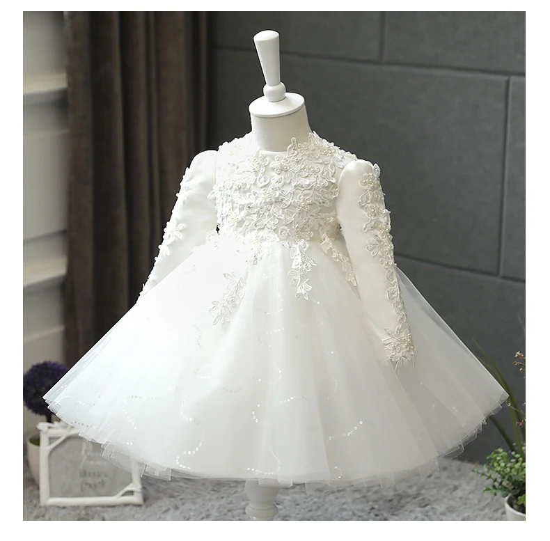 Baby Girl Wedding Dress Long Sleeve Newborn Girls Christmas Princess Gowns Beads Lace Infant Kids 1 Year Birthday Baptism Dress