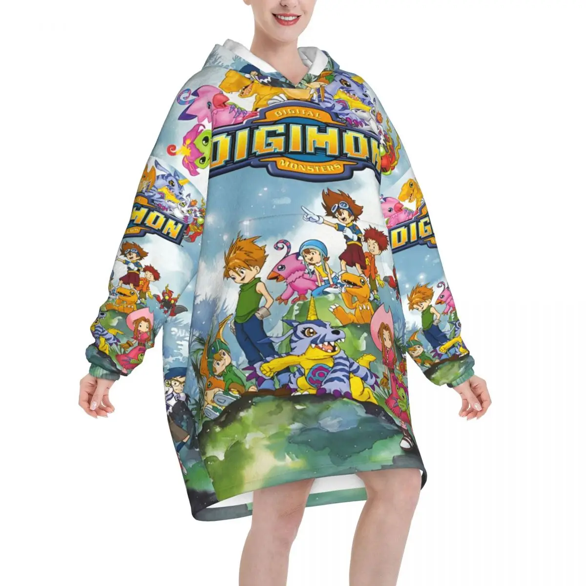 Digital Monster Digimon Oversized Deken Hoodie Sweatshirt Lange Fleece Capuchon Draagbare Deken met Grote Zak voor Dames Heren