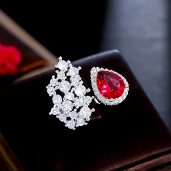 CWWZircons One Size Fits All Shiny Big Water Drop Red Cubic Zirconia Crystal Luxury Open Ring for Women Wedding Engagement R229