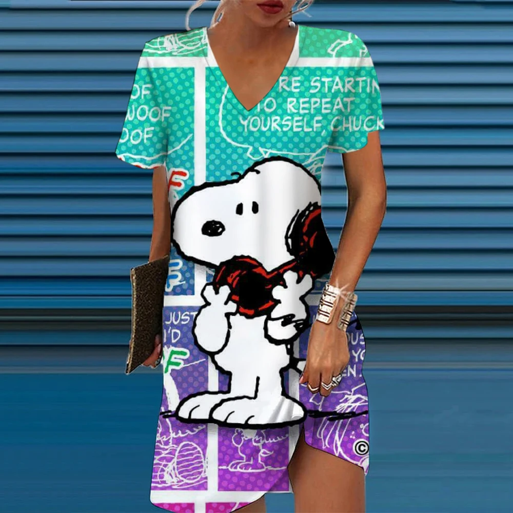 Dames Jurken Zomer Mode Snoopy Print V-Hals Losse Bohemian Vakantie Vrouw Basic Vestidos Met Korte Mouwen