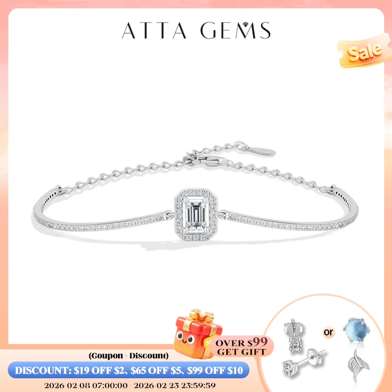 

ATTAGEM Luxury Dazzling Emerald Cut Moissanite Bracelet 925 Sterling Silver Adjustable Bracelet Women Wedding Engagement Jewelry