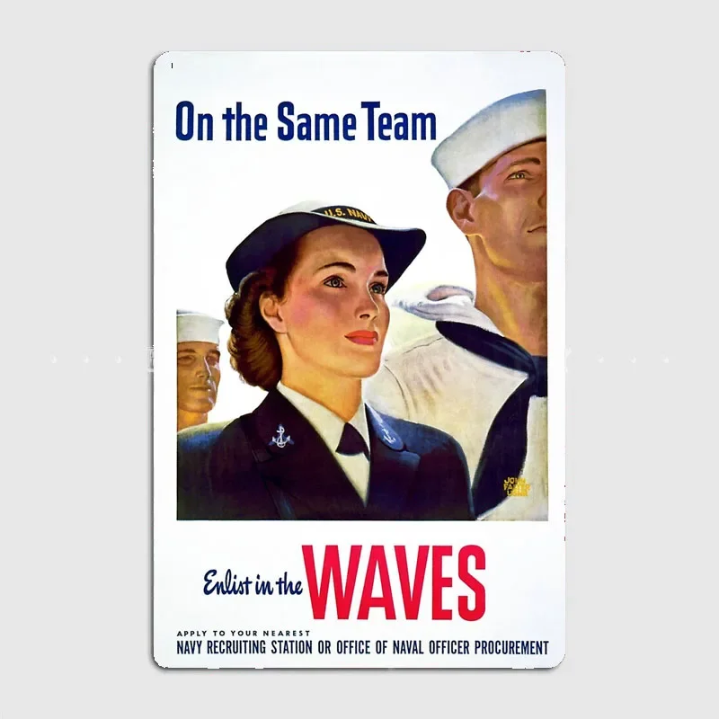 Restored Reprint of World War II US Navy WAVES Recruitment Retro Poster Metal Sign Indoor Room Wall Decor Custom Tin Home Decor