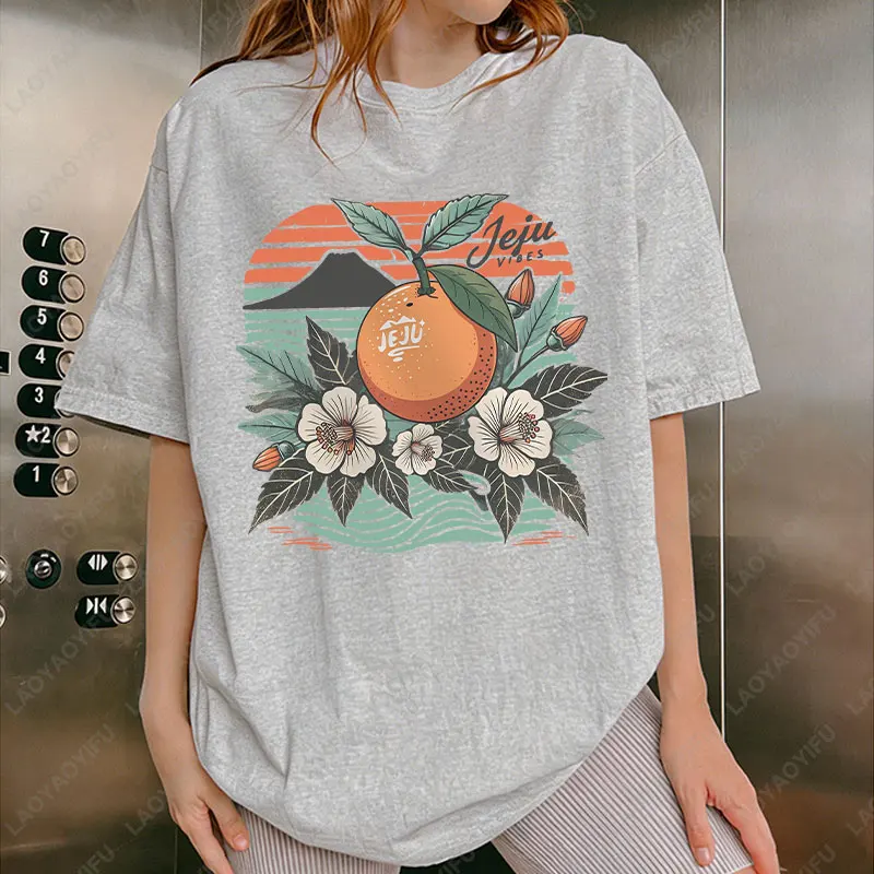 제주 섬 한국 Kdrama 코튼 탑 패션 선물 Kpop 황황 과일 의류 남성 여성 다목적 여행 티 Loungewear Tshirt