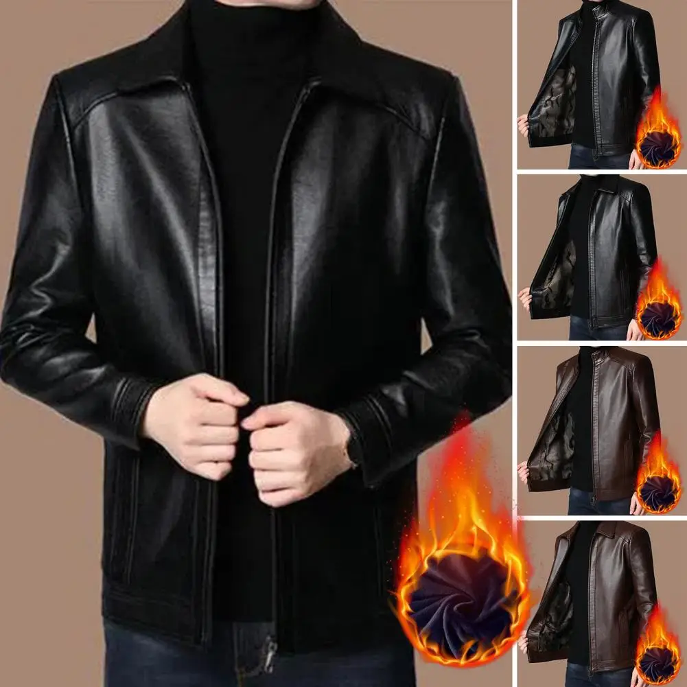 Men Jacket Faux Leather Zipper Closure Windproof Thick Soft Plush Motorcycle Coat Outwear Autumn Winter Men's Jacket