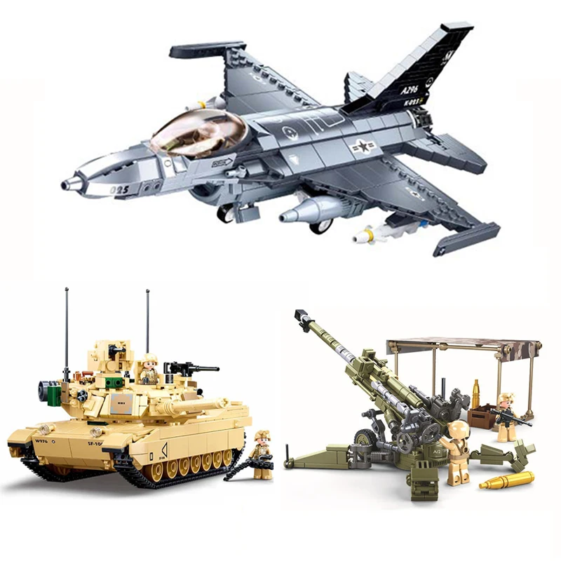 World War 2 II Military M777 Howitzer F-16 Fighter M1A2 Sep V2 Abrams Tank Classic Weapon Army Building Blocks Bricks Model Toys