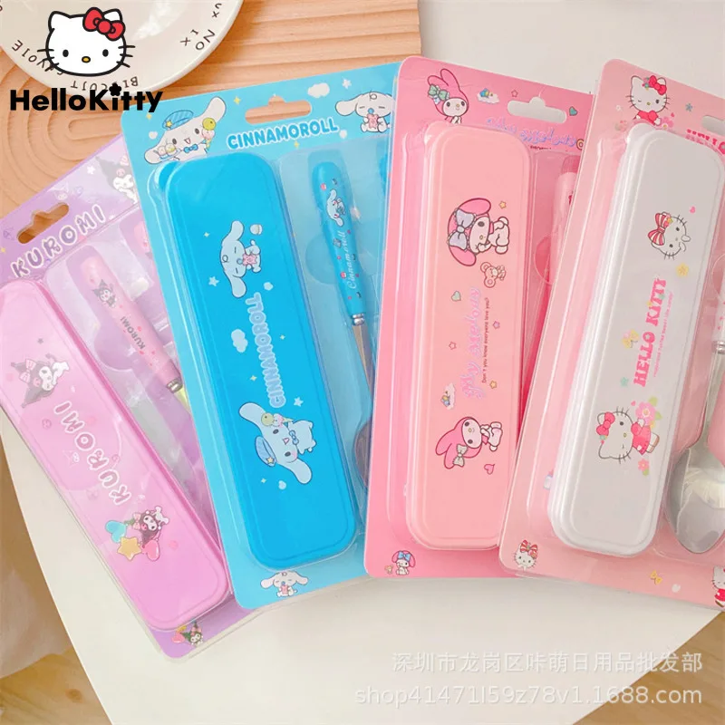 Sanrio Hello KItty Cinnamoroll Melody Cute Cartoon Stainless Steel Tableware 2-piece Set, Student School Portable Fork Spoon Set