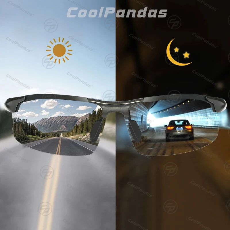 CoolPandas Rimless Outdoor Sport Driving Photochromic Sunglasses Men Polarized Glasses Day Night Chamelon Goggle zonnebril heren