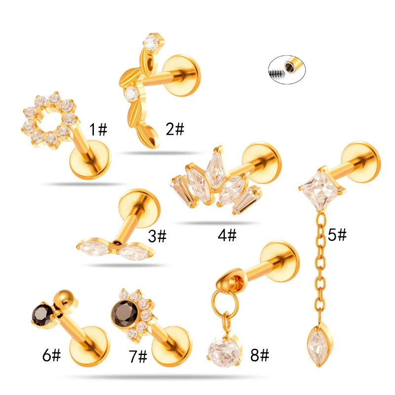 1PC G23 Titanium Ear Stud Internal Thread Lip Stud Flat Back Zircon Horse's Eye Pendant Tragus Cartilage Labret Piercing Jewelry