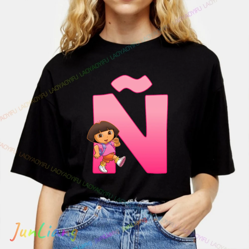 دورا المستكشف لطيف Harajuku الكرتون نمط تي شيرت للجنسين النساء الرجال بلايز رسالة عدد الطباعة الجرافيك ملابس علوية من القطن #5