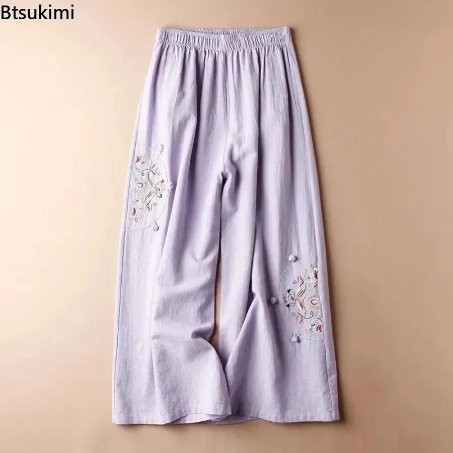 2025 damskie letnie bawełniane i lniane cienkie Pantalones spodnie dla matki hafty Retro proste spodnie Oversize 6xl spodnie szerokie nogawki