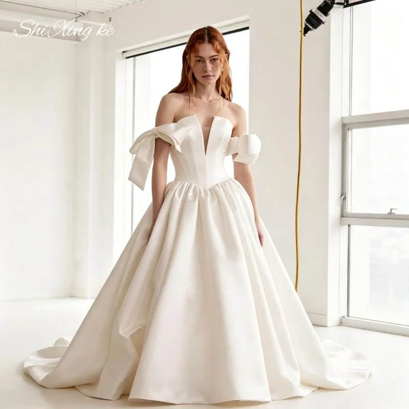 Minimalist Satin Bridal Gown Off‑Shoulder Bow 2026 A‑Line Chapel Train Wedding Dress Vestidos De Novia Customized