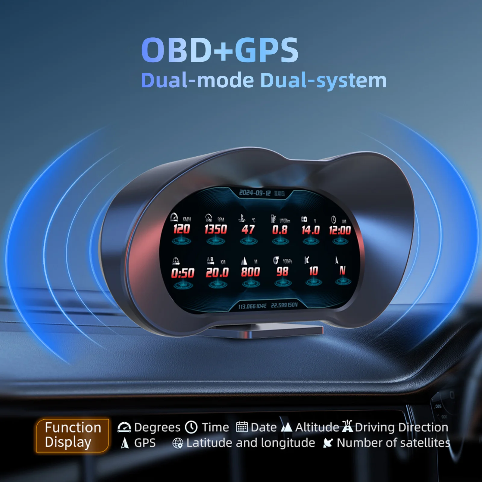 P5 Car 6.2-inch LCD Screen OBD2+GPS Head Up Display On Board Computer Digital Meter Car Compass Water Temp RPM Voltage Gauge