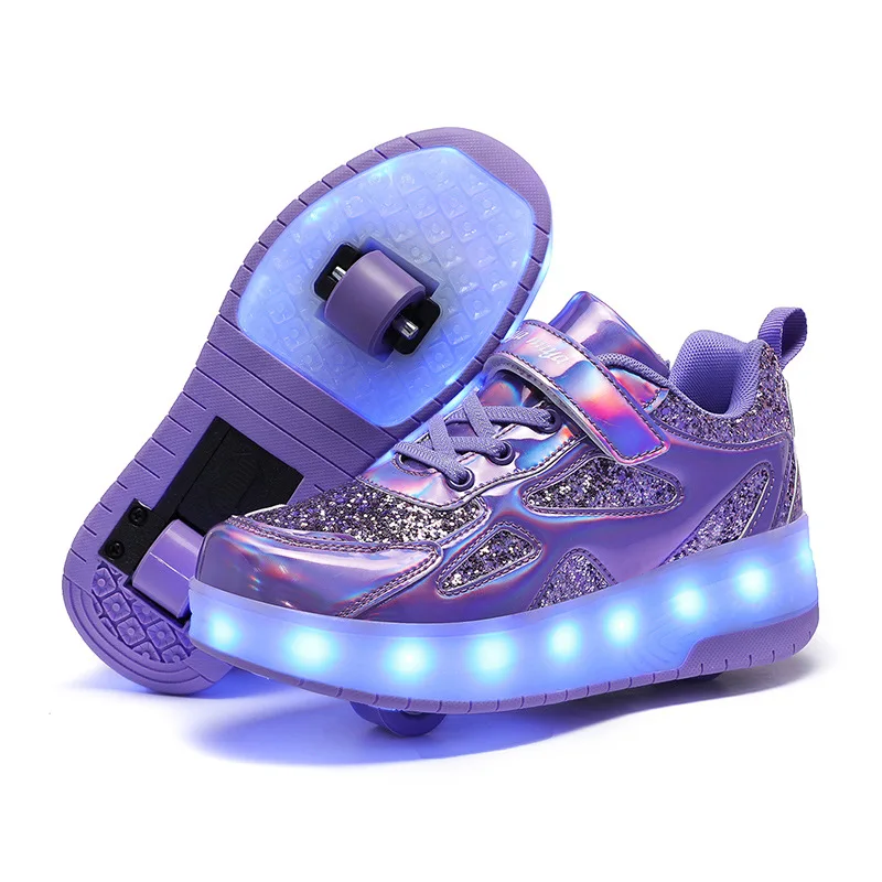 LED Children Two Wheels Shoes Fashion Breathable Kids Roller Skates USB Charging Boys & Girls & Adults Sneakers Sport Size 27-42