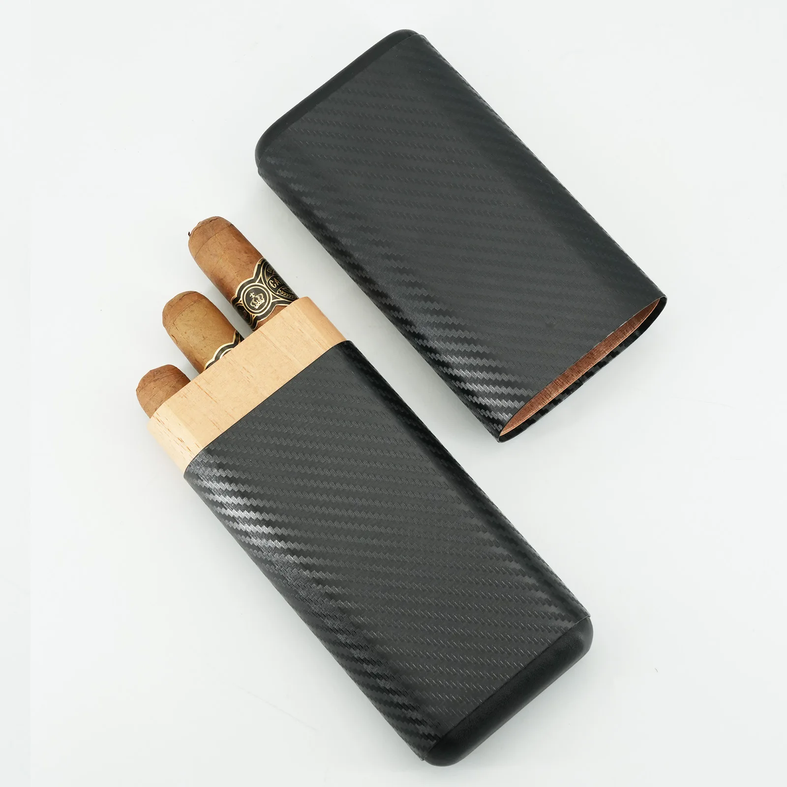 

Cedar Wood Sealed Cigar Box, Cowhide Cigar Leather Cover, Carbon Fiber Cigar Tube, Portable Three Pack Moisturizing Box