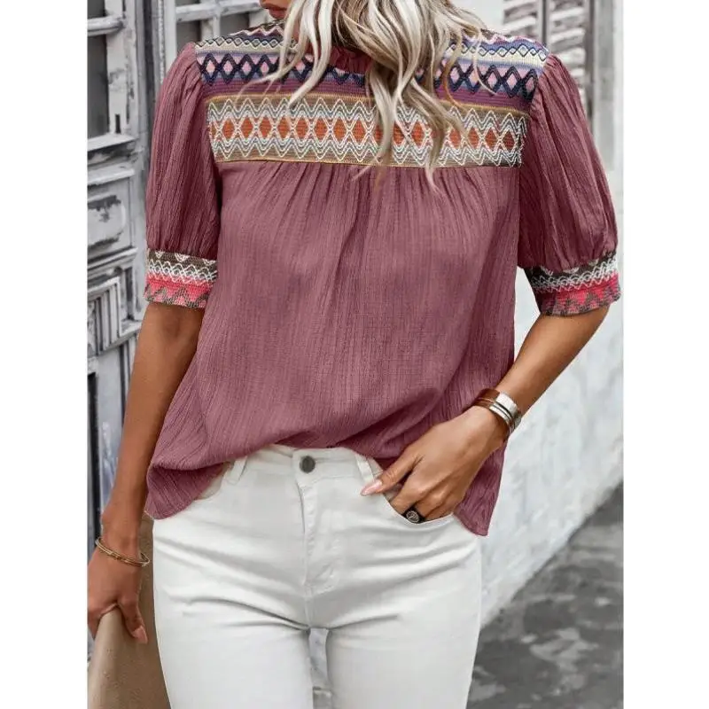 

Women's round Ne ort Bubble Sve Top P 9996 Geometric Pattern Casual Faionable plus Size Spring Seasonal Wear