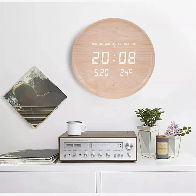 ChuHan rotondo in legno Led Display digitale calendario grande orologio da parete creativo semplice moderno moda domestica orologio luminoso silenzioso