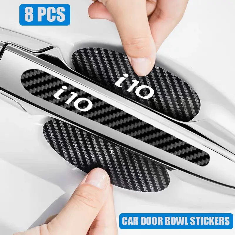 8PCS Car Door Bowl Stickers Cover for Hyundai I10 Logo Carbon Fiber Exterior Strip Texture Protect Anti Scratches Tape Decals
