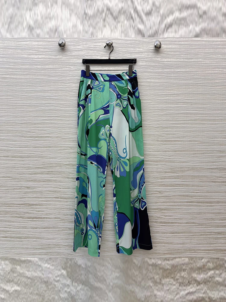 Spring Summer Fashion Daily Vintage Casual Print Silk Boot-cut Trousers Women's Middle Waist Pockets Slim Versatile Pants