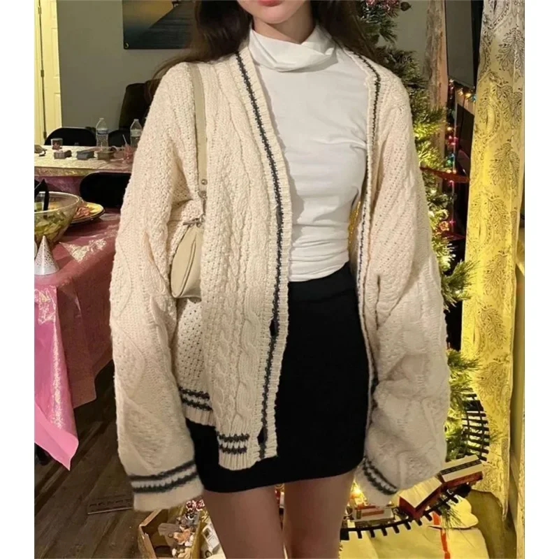 Deeptown Vintage Beige Swift Knit Cardigan Women Y2K College Oversize Star Embroidery Sweater Folklore Knitted Jumper Korean