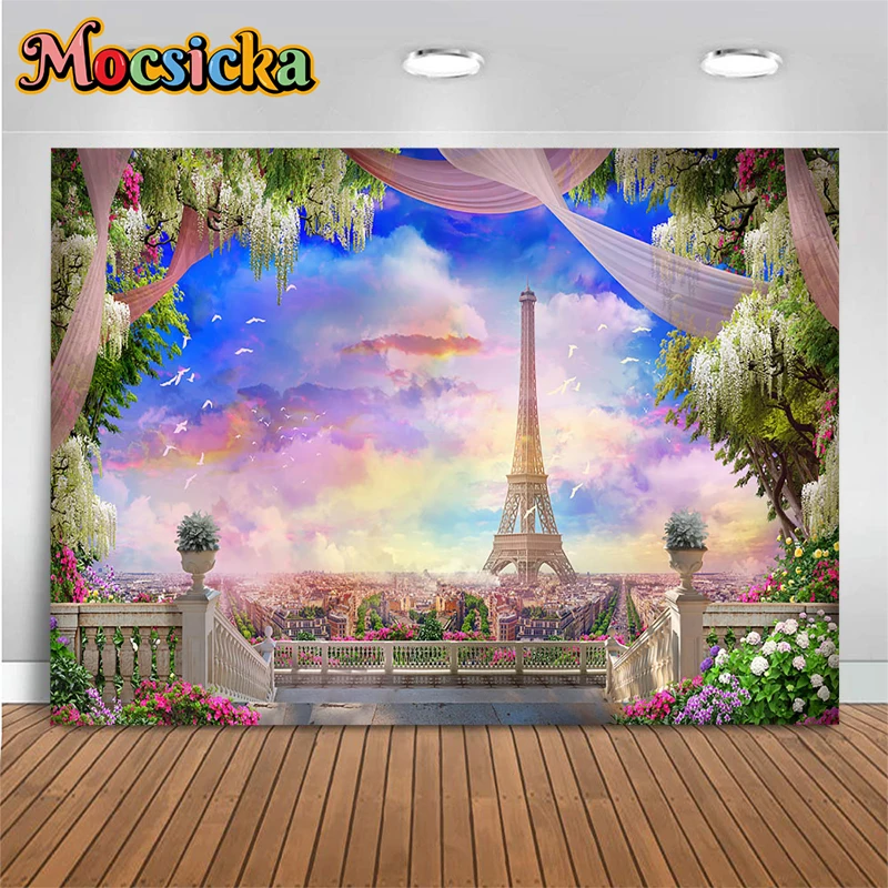 

Mocsicka Summer Decoration Photography Background Colorful Sky City Tower Building Bird Tree Flowers Backdrops Studio Photobooth