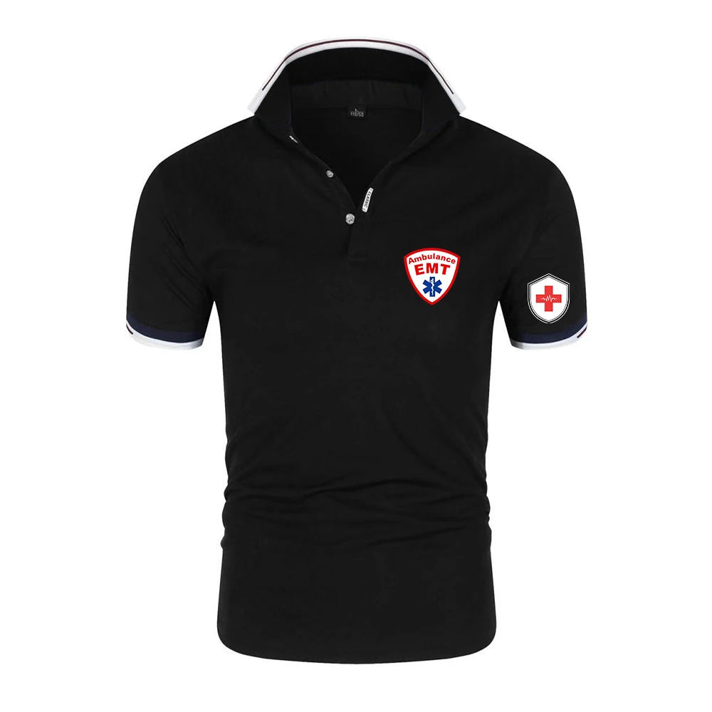 2026 Summer Hot Sale Sporty Polo Shirt EMT Emergency Ambulance Logo Print Men's Pure Color V-Neck Design Classic Versatile Top