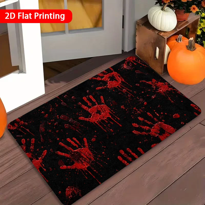 1pc 2D Flat Halloween Bloody Handprint Entry Rug, Decor Mat for Home, Hallway, Vestibule, Bathroom and Balcony