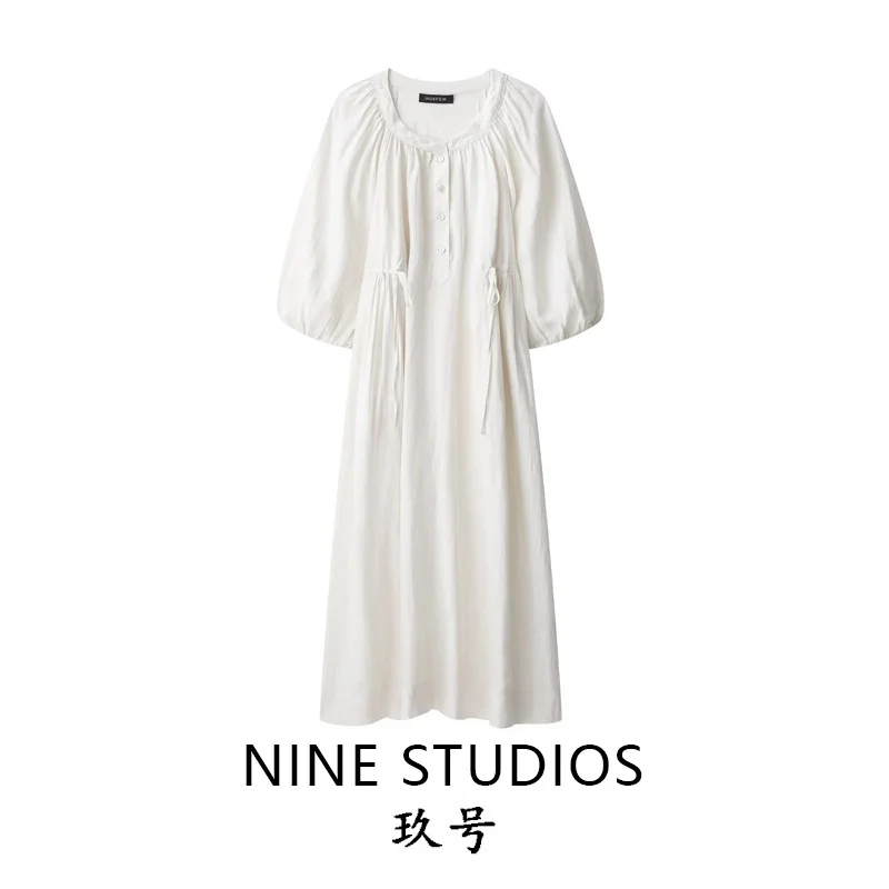 ชุดเดรสผ้าลินินแท้ทรงเอวเข้ารูปสำหรับผู้หญิง เสื้อผ้าผู้หญิงเอวสูง สไตล์ลำลอง กระโปรงทรงบับเบิ้ลความยาวปานกลาง