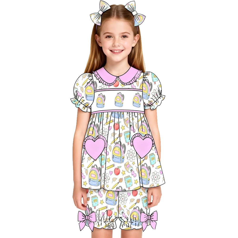 Back to School Printed Summer Girls Pajamas Set Short-sleeved Shirt and Shorts with Heart-shaped Pocket and Lapel Boutique Set