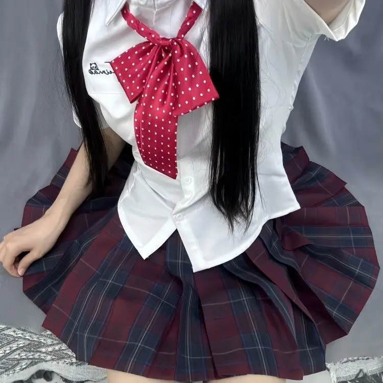 Koszula z haftem w talii Krótki rękaw Spódnica w stylu college Slim Mundurek JK Damski Garnitur Śliczny Strój do Odgrywania Ról Spódniczka w Kratę Studentka Japońska