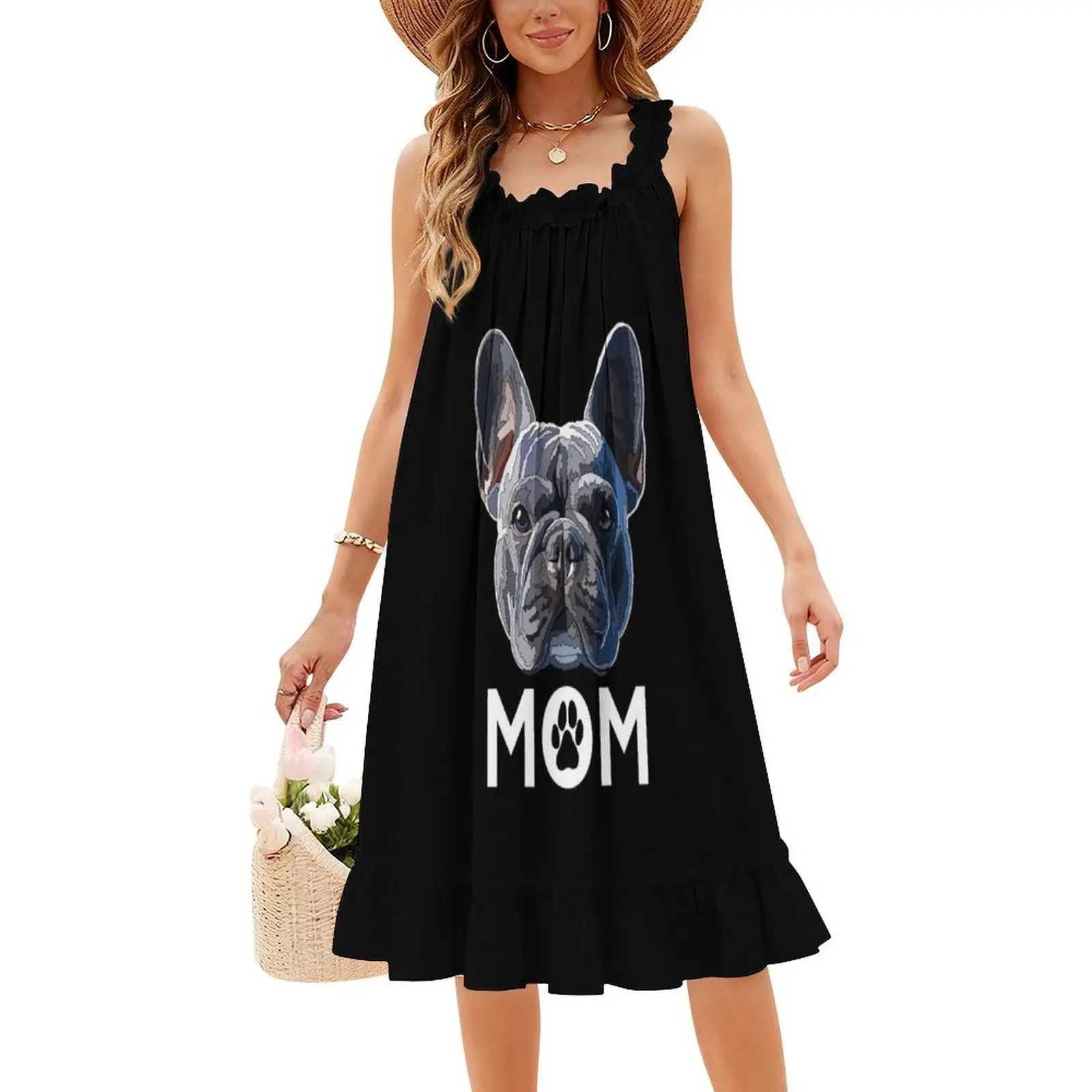 فستان أزرق Frenchie Mom مزين بالزهور للنساء للربيع والصيف فستان كاجوال للحفلات Frenchie French Bulldog Bulldog للسيدات